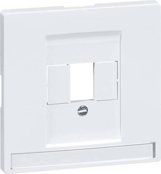 Ein weißer, rechteckiger Abdeckrahmen für eine Wandsteckdose mit Platz für einen Schalter und eine Schraube in der Mitte.