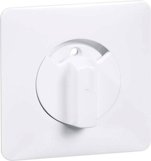 Weißer Lichtschalter an einer Wand. Quadrat mit rundem Drehschalter in der Mitte.