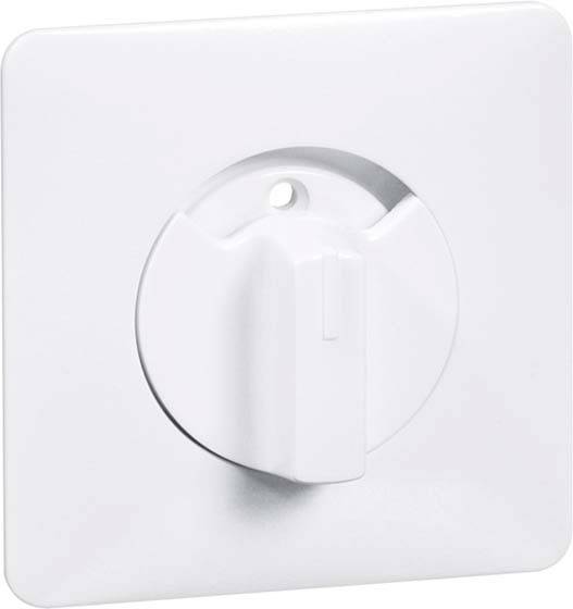 Ein weißer Drehschalter auf einer quadratischen Platte, typisch für die Steuerung von Beleuchtung oder elektrischen Geräten.