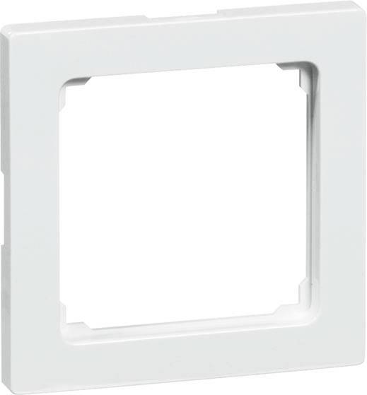 Ein quadratischer, weißer Kunststoffrahmen für einen Lichtschalter oder eine Steckdose, mit abgerundeten Ecken und glatter Oberfläche.