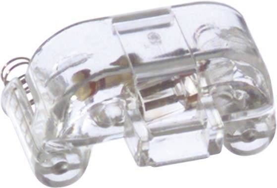 Ein transparenter Plastikclip mit Metallfeder, verwendet zum Fixieren von Papieren oder leichten Materialien, seitlich aufgenommen.