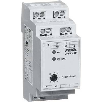 'PEHA 940 WS-AE' Windstärke-Steuergerät mit Drehknopf und LED-Anzeigen für 'Ein' und 'Störung'. Anschlussklemmen oben.