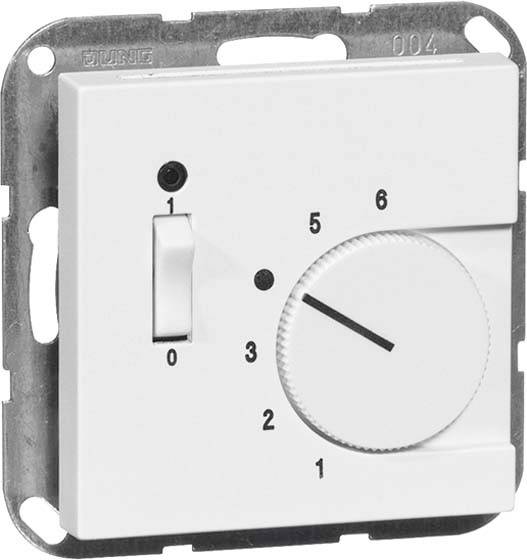 Ein weißer Drehregler mit Zahlen von 0 bis 6 zum Einstellen einer Funktion, Typenschalter an metallischer Montageplatte.