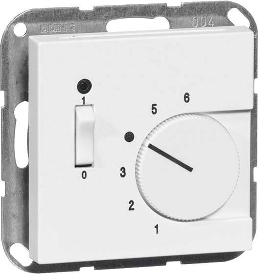 Ein weißer Drehdimmer mit Skala von 0 bis 6. Ein Schalter ist links neben dem Drehknopf platziert.