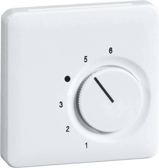Ein weißer Drehregler-Thermostat mit Markierungen von 1 bis 6; der Zeiger steht auf 5. Ideal zur Regulierung der Raumtemperatur.