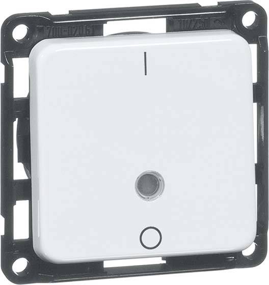 Ein weißer Lichtschalter in quadratischer Form mit einem kleinen runden Sensor darunter. Der Schalter ist in einem schwarzen Rahmen montiert.