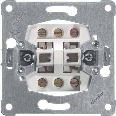 Ein weißer Lichtschalter-Einsatz ohne Abdeckung, sichtbar sind Schraubklemmen und die Montagestrebe auf einem Metallrahmen.