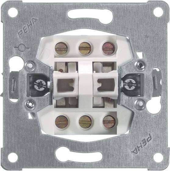 Ein Lichtschalter-Mechanismus ohne Abdeckung, mit sichtbaren Schrauben und Kabelanschlüssen, montiert in einer Metallhalterung.