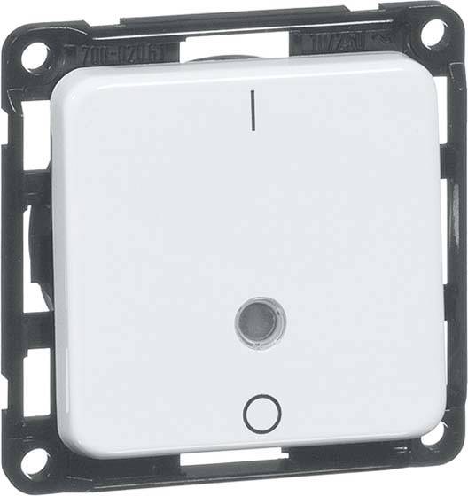 Lichtschalter mit weißer Oberfläche und kleinem, mittig platziertem LED-Licht, eingebaut in einen schwarzen Rahmen.