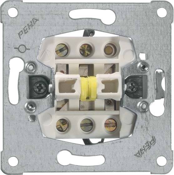 Ein Lichtschalter-Mechanismus ohne Verkleidung, zeigt Frontalansicht auf Schraubenlöcher und Kontakte für elektrische Verkabelung.