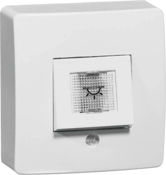 Ein weißer Lichtschalter mit einer kleinen quadratischen LED-Anzeige, die ein Lichtsymbol zeigt, möglicherweise für Lichtsteuerung.