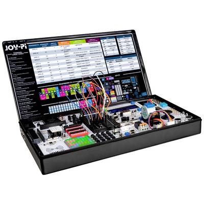 Elektronikkasten mit offenen Fächern voller Komponenten wie Schaltkreise, LEDs und Drähte. Ein Bildschirm zeigt detaillierte Informationen.