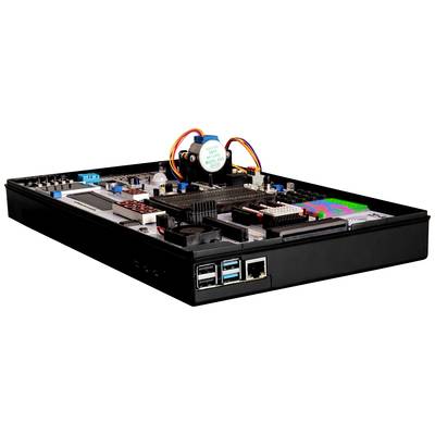 Ein offenes Computermodul mit verschiedenen elektronischen Komponenten, USB-Anschlüssen und einem Lüfter in der Mitte.