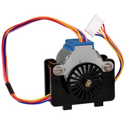 Ein bunter Elektromotor mit mehreren Drähten und einem Stecker. Der Motor ist an einer schwarzen Halterung befestigt.