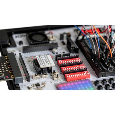 Nahaufnahme einer elektronischen Platine mit mehreren Chips, Steckverbindungen und farbigen Kabeln. Entwicklermodul in einem technischen Kontext.