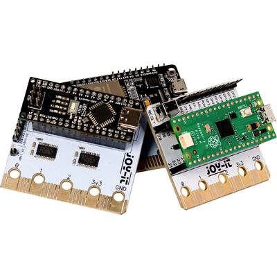 Mehrere Mikrocontroller-Platinen unterschiedlicher Hersteller sind überlappend angeordnet. Links ist eine Joy-iT-Platine zu sehen; rechts eine Raspberry Pi-Platine.