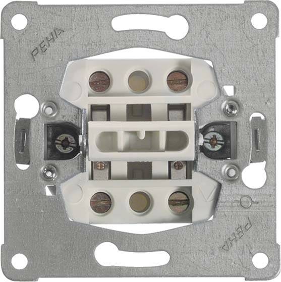 Ein elektrischer Schalter ohne Abdeckung, zeigt Innenteile, Montagelöcher und Schraubklemmen.