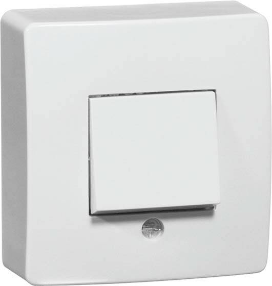 Ein quadratischer Lichtschalter an einer Wand, vor einem neutralen Hintergrund.