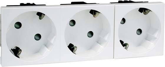 Dreifachsteckdose mit drei weißen, runden Steckplätzen, geeignet für Standard-Elektrostecker.