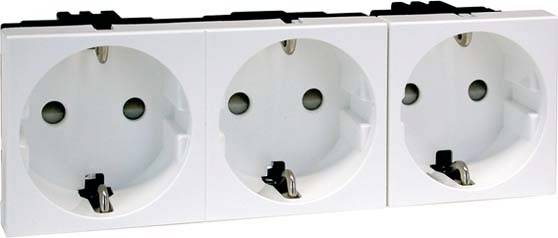 'Dreifachsteckdose ohne Kabel, mit drei Schuko-Steckplätzen nebeneinander, weißes Kunststoffgehäuse.'