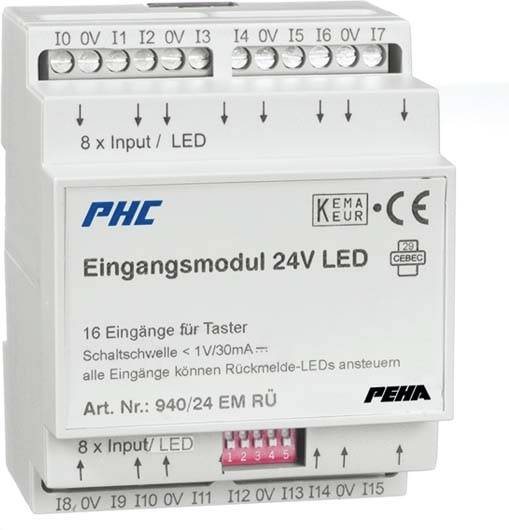 'Eingangsmodul 24V LED' von PEHA mit 16 Eingängen für Taster. Artikelnummer: 940/24 EM RÜ. Zeigt Schaltschwelle und LED-Steuerung.