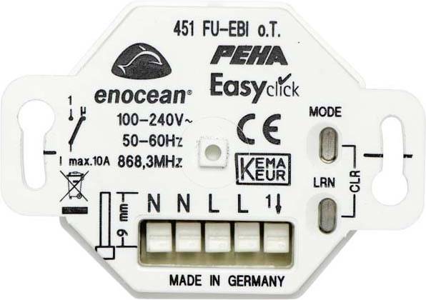 'Enocean Funkempfänger mit Anschlussklemmen und Modus-Tastern, Modell 451 FU-EBI O.T., Spannung 100-240V, Frequenz 868,3 MHz.'