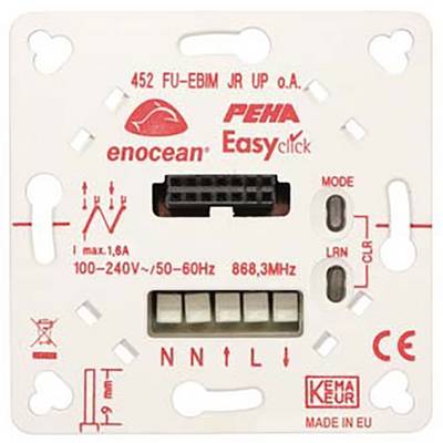 'Peha Easyclick Modulsockel mit EnOcean-Technologie, Modell 452 FU-EBIM. Betriebsspannung 100-240V, 50-60Hz, Frequenz 868,3 MHz.'