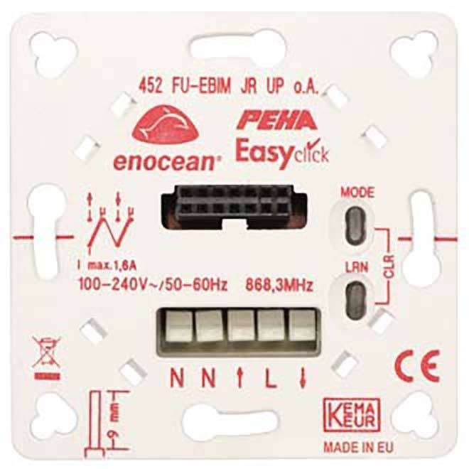 Rückseite eines elektronischen Schalters mit Anschlüssen und Kontrollleuchten. Aufschrift zeigt Marke 'PEHA' und Modell 'enOcean Easyclick'.