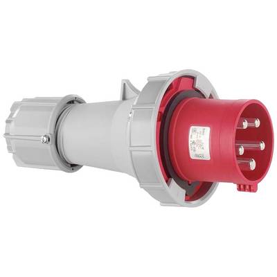 Grauer und roter Starkstromstecker mit mehreren Metallstiften, verwendet für industrielle Anwendungen.