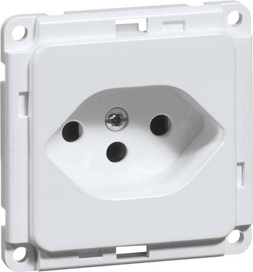 Weiße Steckdose mit drei Löchern, geeignet für Standard-Elektrogeräte in Innenräumen. Quadratisches Design mit abgerundeten Ecken.