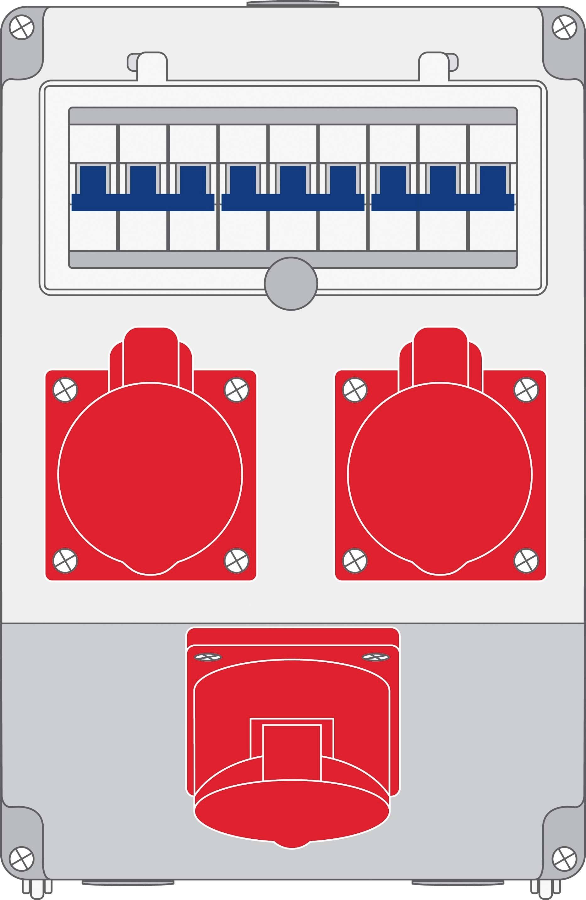 Ein elektrisches Schaltfeld mit sechs blauen Schaltern oben, zwei roten Steckdosen in der Mitte und einem roten Hauptschalter unten.