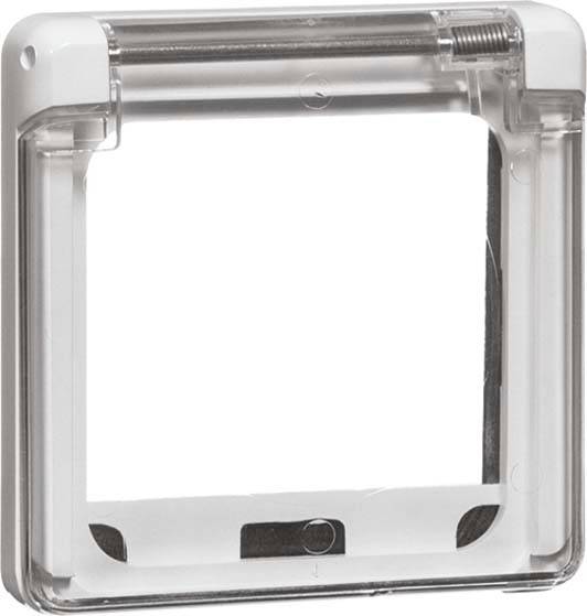 Transparente, quadratische Kunststoffabdeckung mit Scharnier oben, geeignet für den Schutz von Wandschaltern oder Steckdosen im Innenbereich.