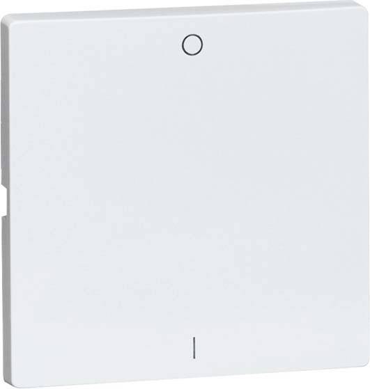 Ein weißer Wandlichtschalter mit einem kleinen, runden Symbol oben und einer Strichmarkierung unten, schlichtes modernes Design.