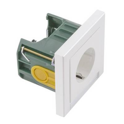 Weiße Steckdose mit grünem und gelbem Innenteil, Seitenansicht. Funktionale Wandmontagekomponente für Elektroinstallationen.