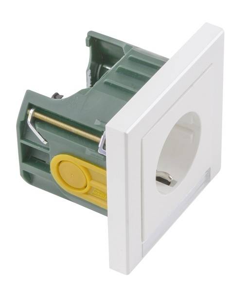 Unterputz-Abzweigdose mit quadratischer weißer Abdeckung, grünem Gehäuse und gelben Elementen, zur Installation in der Wand.