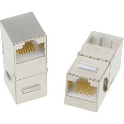 Zwei Cat 6 Ethernet-Keystone-Buchsenadapter aus Metall zum Verbinden von Netzwerkkabeln.