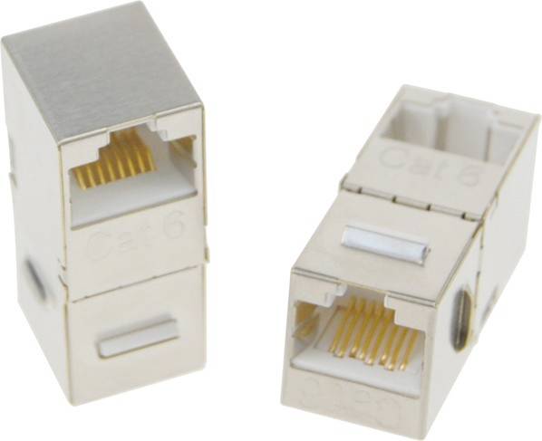 Zwei RJ45-Cat6-Kupplungen in Silber, die zur Verbindung von Ethernet-Kabeln genutzt werden.