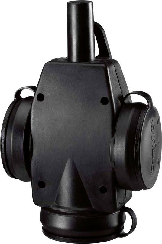 Ein schwarzes, industrielles Kunststoffbauteil mit zwei seitlichen Klappelementen und einem langen Rohr oben.