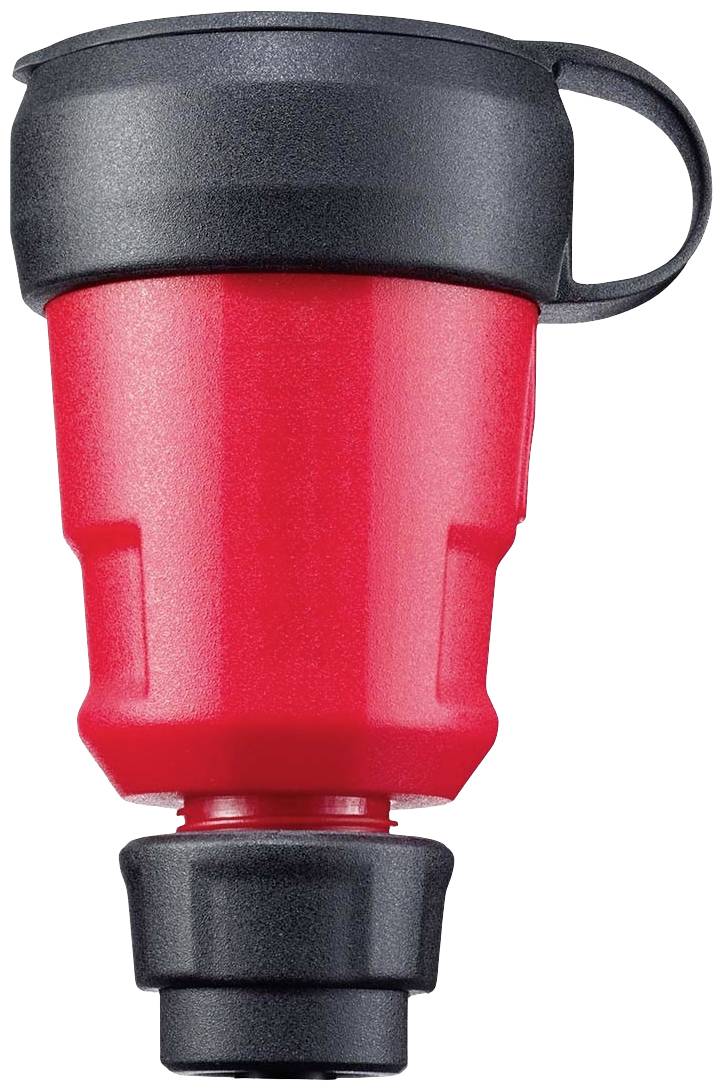 Ein roter Plastikbecher mit einem schwarzen, abnehmbaren Deckel. Der Becher ist zylindrisch und hat eine stark strukturierte Oberfläche.