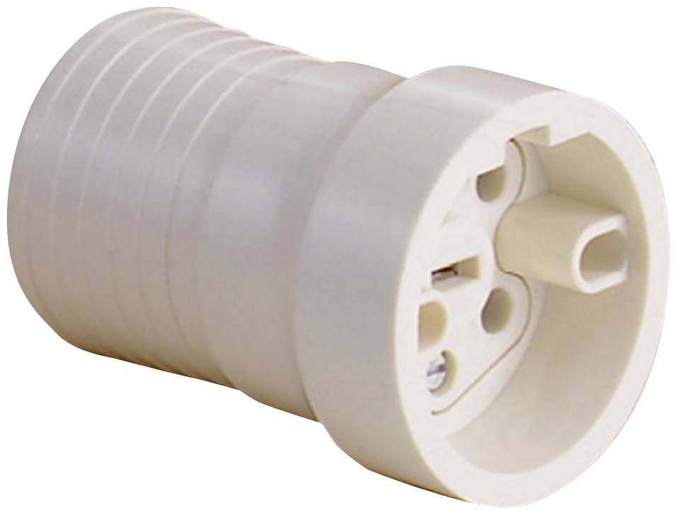 Ein weißer, zylindrischer Adapter mit Steckdosenanschluss.