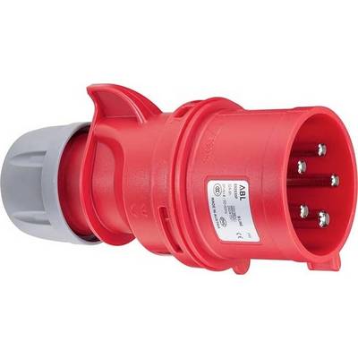 Roter CEE-Stecker mit mehreren Metallstiften und grauem Drehverschluss; zur Elektroinstallation geeignet.