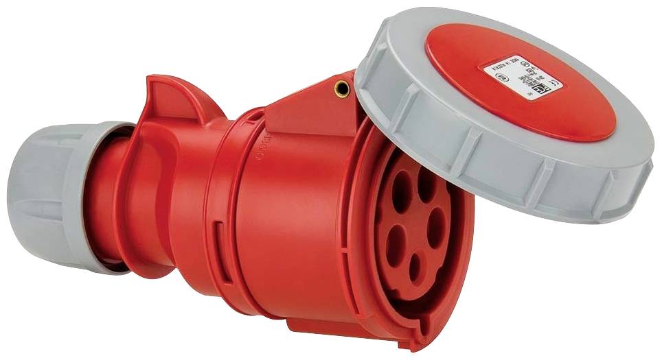 Große rote, zylindrische, wasserdichte Industriesteckdose mit grauem Deckel, drei Steckkontakten und robustem Kunststoffgehäuse.