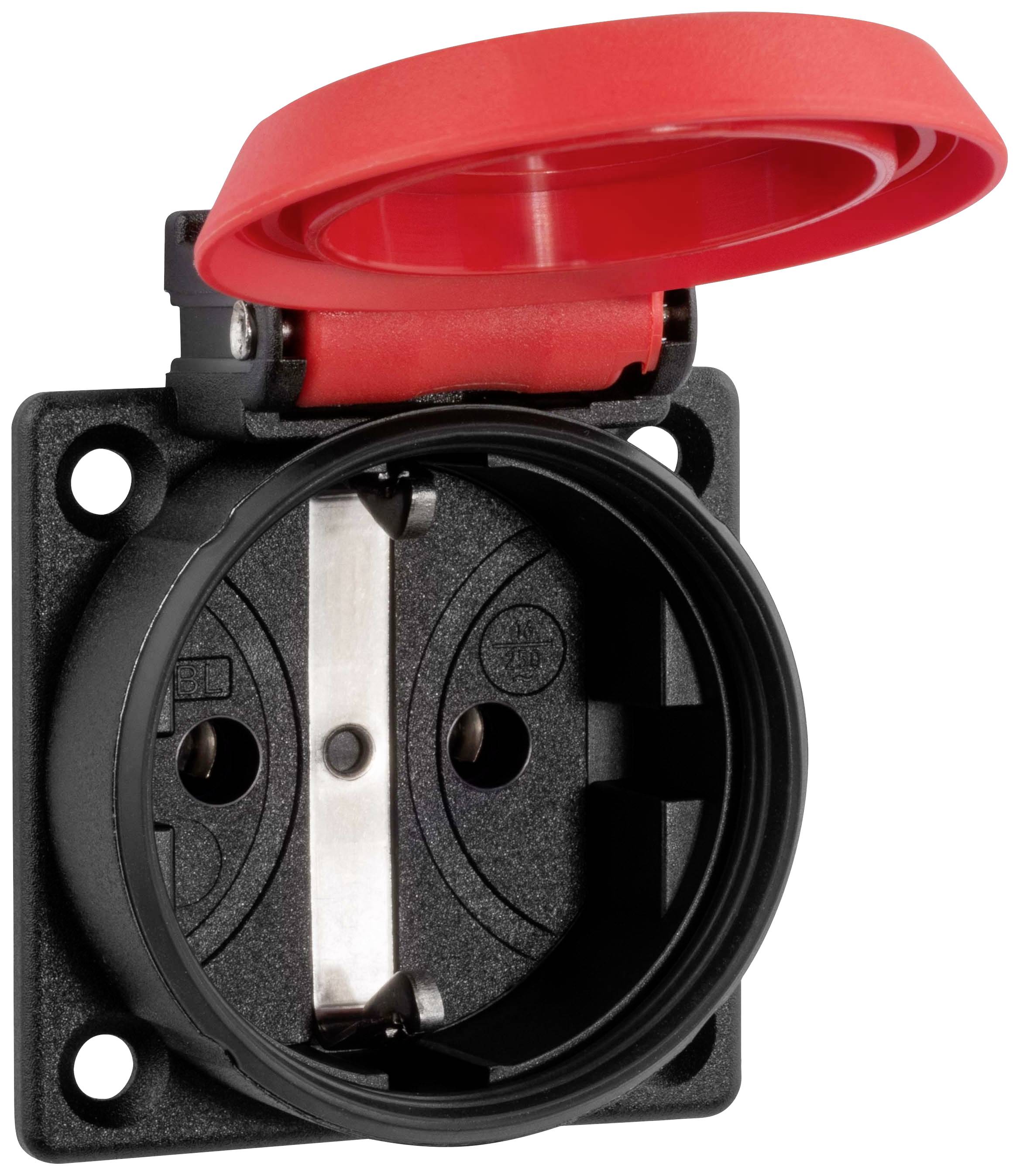 Eine schwarze Steckdose mit aufgeklapptem roten Deckel, zeigt zwei Steckplätze für runde Stecker.