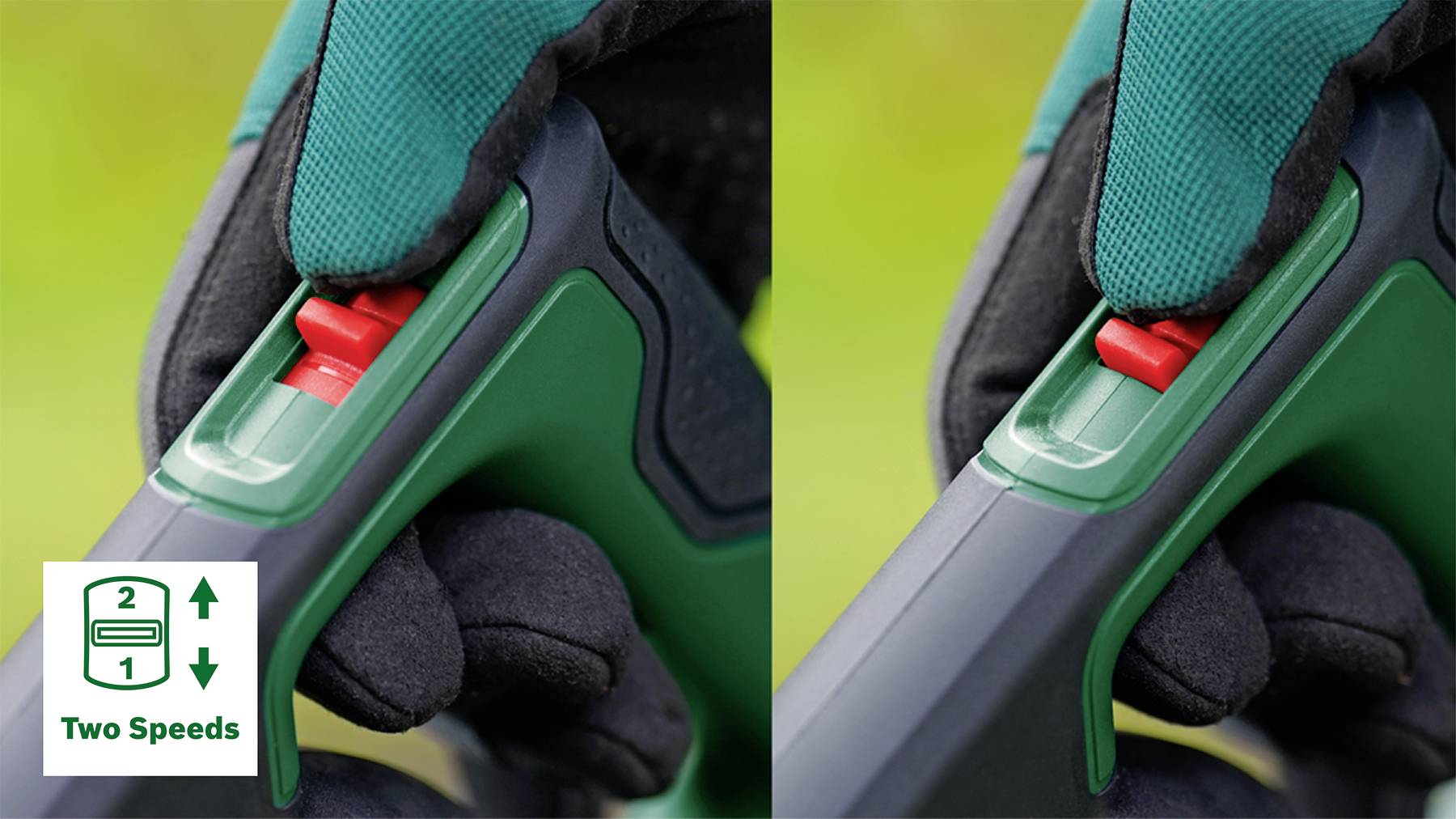 'Nahaufnahme einer Hand mit Handschuh, die einen Schalter an einem Gerät bedient. Der Schalter bietet zwei Geschwindigkeitsstufen zur Auswahl.'