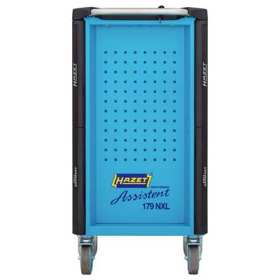 Werkzeugwagen in Blau, frontal sichtbare Front mit Logo und Modell 'Hazet Assistent 179 NXL', auf Rollen montiert.