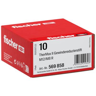 Rote Fischer-Verpackungsbox mit dem Label 'fischer' und 'TherMax II Gewindereduzierungsstift M12/M8 R' mit Größe 10 und Artikelnummer 569 858.