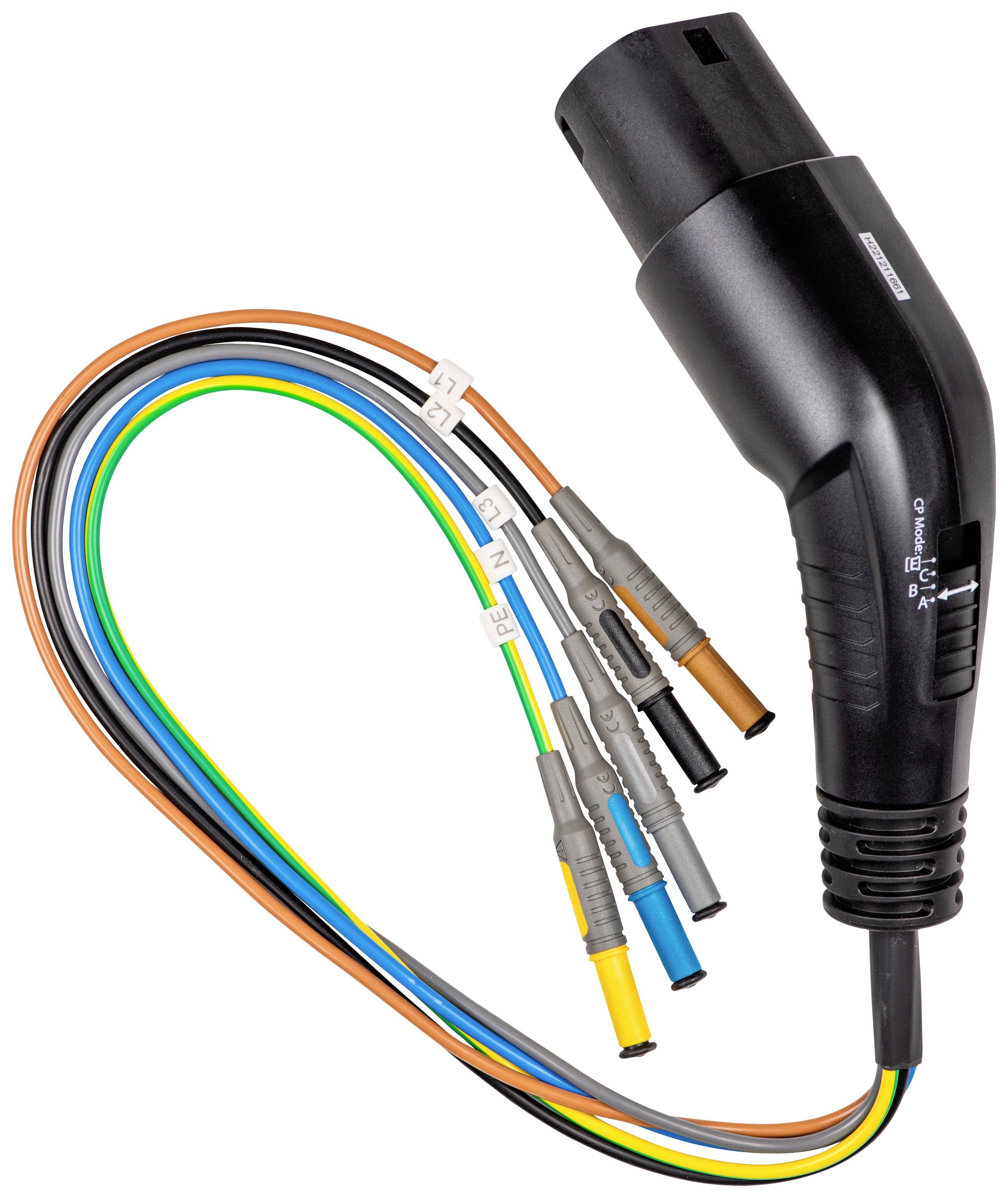 Ein Ladestecker für Elektrofahrzeuge mit freiliegenden, farbcodierten Kabeln.