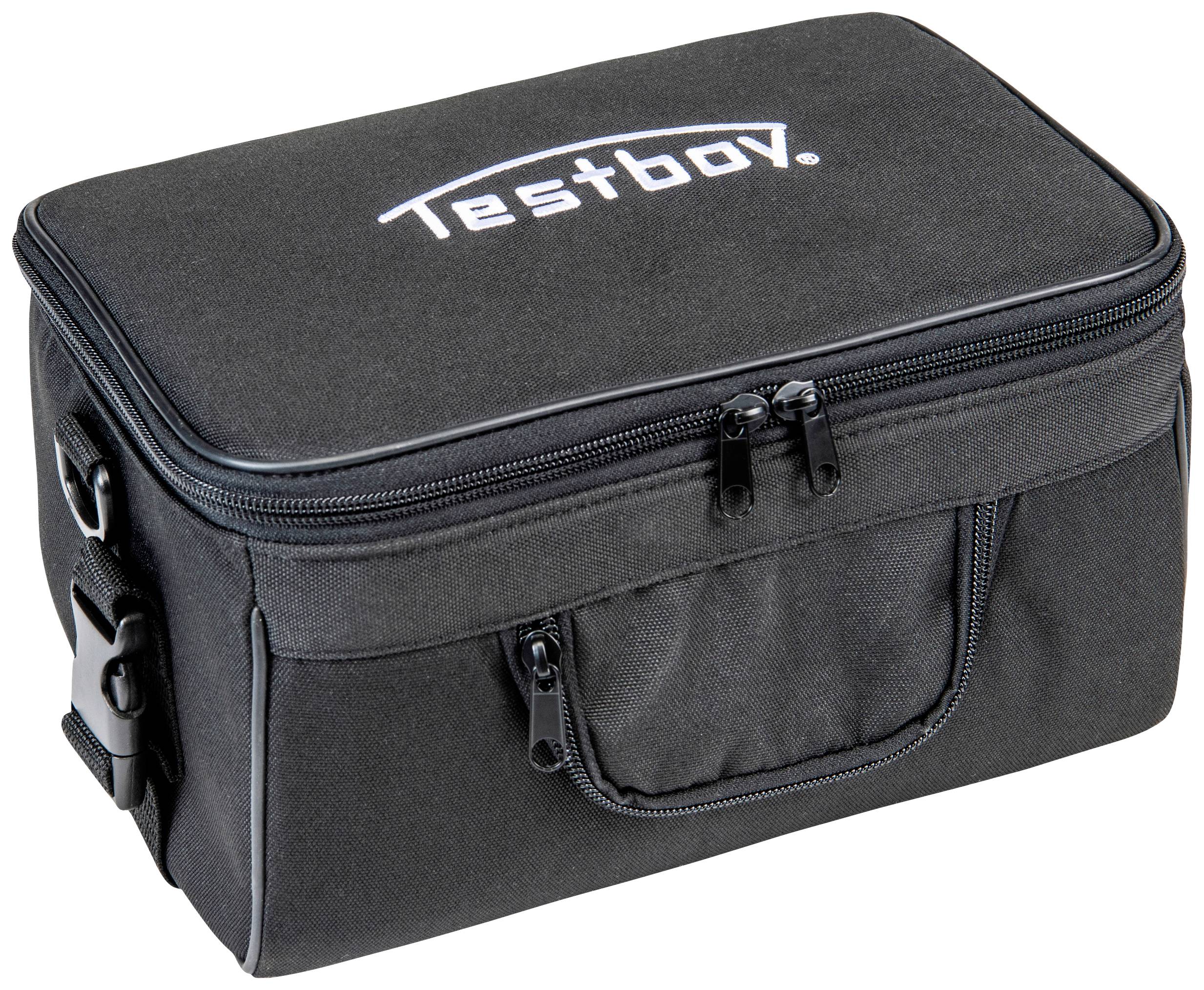 Schwarze Tasche mit Reißverschluss und Tragegriff, bedruckt mit dem Logo 'Testboy'. Ideal für die Aufbewahrung und den Transport von Werkzeugen.