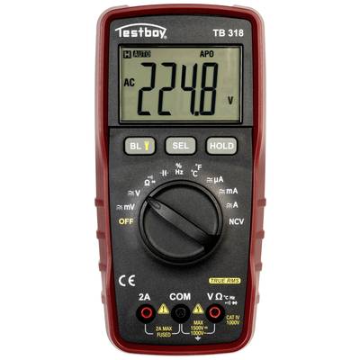 Digitales Multimeter mit Displayanzeige '224.8 V', schaltet automatisch auf AC. Funktionen für Spannung, Strom, Widerstand.