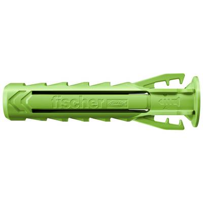 Grüner Fischer Dübel aus Kunststoff, zeigt das Markenlogo. Geeignet für Befestigungen in verschiedenen Materialien.